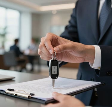 A close-up of a smartly dressed professional handing over a shiny set of car keys alongside a pristine document folder. Luxurious modern office interior, soft natural lighting.