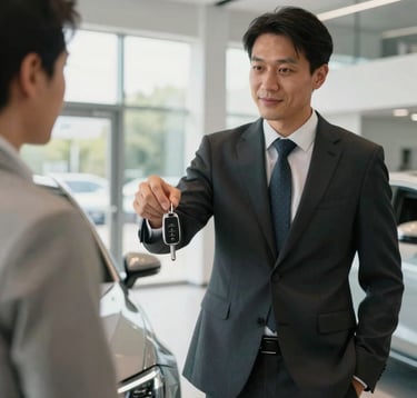 A professional automotive consultant in a tailored suit handing over silver car keys to a client in a bright, modern showroom in France, natural light, high-end professional setting.