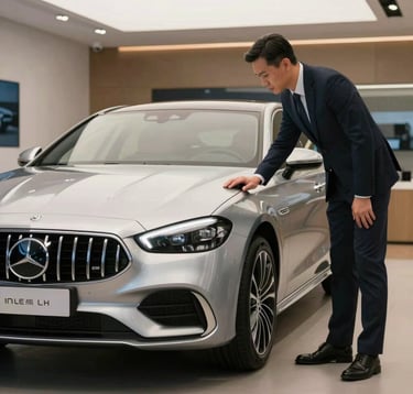 A professional automotive expert inspecting a silver luxury sedan in a modern, well-lit showroom. Clean composition, professional attire, European setting, elegant lighting.
