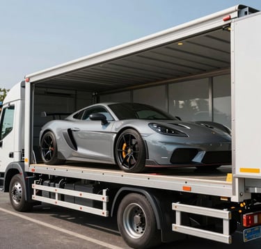 A high-end sports car being carefully loaded onto a premium transport truck, modern European setting, professional automotive logistics, clear daylight.