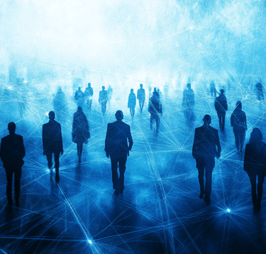 a group of people standing in a line of connected - by - lines