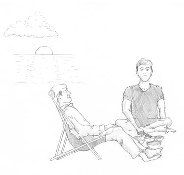 a man sitting in a chair with a another man and both peaceful