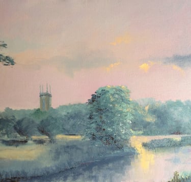 A painting of an angler on the River Avon at Charlecote Park near Stratford-Upon-Avon