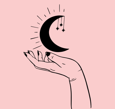 Illustration d'une main au dessus de laquelle se trouve une lune et des étoiles