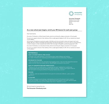 A letter mocked up and laid out on a turquoise background.