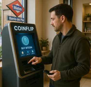 Fotografía de un hombre de piel clara usando un terminal Coinflip en un punto de venta.