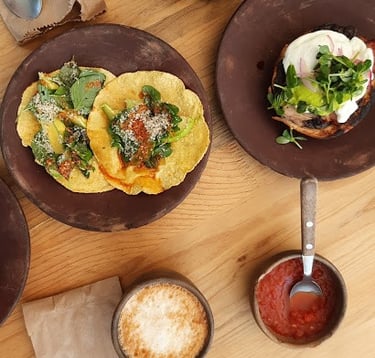 Tacos, salsa and café at Criollo Restaurant in Oaxaca