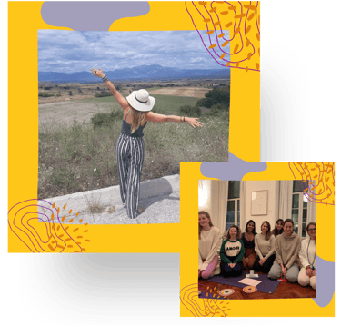 A woman with the arms spread wide in the outdoors and a group of students in Lisbon.