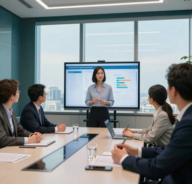 A sophisticated marketing strategist presenting data on a digital screen to a group of hotel executives in a bright, modern Global / English-speaking boardroom. The room is decorated with midnight teal accents and soft sky blue glass walls, reflecting high-end consulting and expertise.