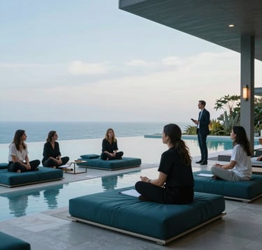 Sophisticated photography of a luxury retreat setting. A clean, modern infinity pool reflects the soft sky blue of the morning. Deep teal cushions are arranged on elegant outdoor furniture. Professionals in a Global / English-speaking setting are engaged in a calm workshop outdoors, exuding a sense of transformational growth and professionalism.