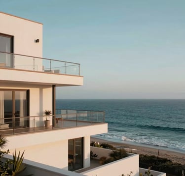 A high-end photography shot of the Portuguese coastline with modern villa architecture and a view of the Atlantic, captured in soft morning light, with soft sky blue and muted ocean teal colors, in a Global / English-speaking setting.