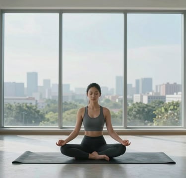 A calm professional practicing meditation in a minimalist, high-ceiling studio with large windows overlooking a green landscape in a Global / English-speaking city, featuring pale mist white and soft sky blue tones.