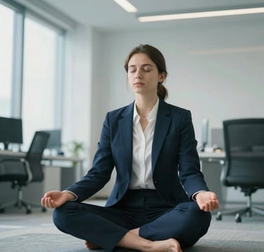 A professional in a serene, modern Global / English-speaking office space practicing a quiet moment of mindfulness. The lighting is airy and soft, using sky blue and mist white accents. The composition is balanced and peaceful, reflecting a sophisticated approach to executive well-being and coaching.