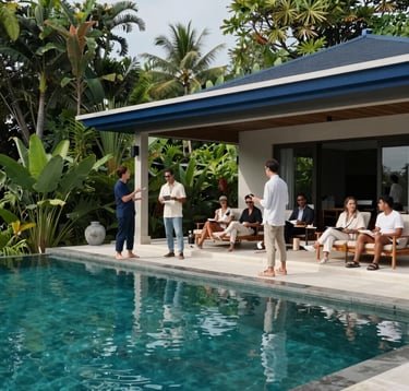 A luxury retreat villa nestled in the lush greenery of Bali, featuring minimalist architecture and midnight teal infinity pools. A group of professionals in casual, high-end attire are engaged in a workshop under a sky blue pavilion in a Global / English-speaking atmosphere.