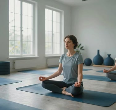 A serene, indoor wellness space with clean lines and a pale mist color palette. Soft light enters from high windows. A professional in a Global / English-speaking home or studio is practicing mindfulness. The atmosphere is holistic and sophisticated, with muted ocean blue yoga mats and charcoal blue decor elements.