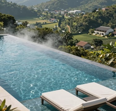 Photography of a luxury resort infinity pool overlooking a verdant valley, representing tourism excellence. The palette features slate blue water and mist white lounge areas. The scene is set in a Global / English-speaking hospitality context with a focus on high-end tourism marketing.