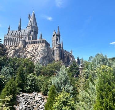 Hogwart's Castle rises in the distance at Universal's Islands of Adventure Park.