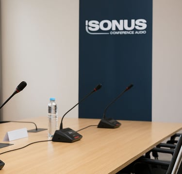 Modern conference room setup with Sonus branding and gooseneck microphones for delegate and chair in Dubai
