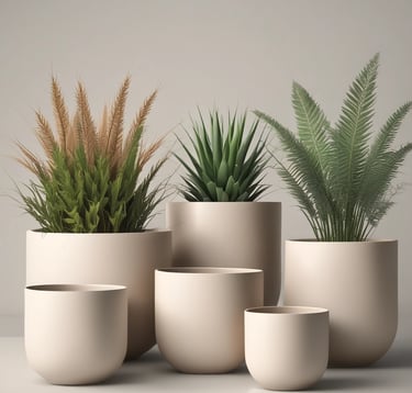 a group of three planters with plants in them