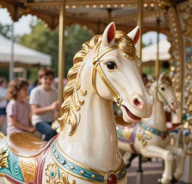 A detailed close-up shot of an ornate, hand-painted vintage carousel horse in cream and gold. The background shows a sunny park in Bulgaria with happy families blurred in the distance. The lighting is warm and joyful, emphasizing a professional yet friendly style.
