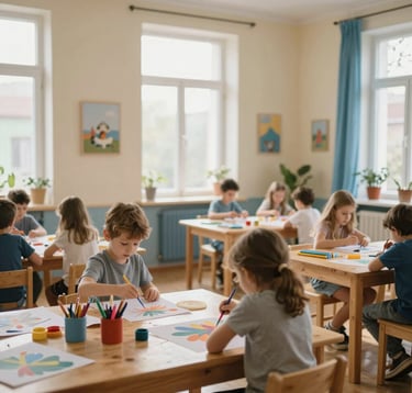 A photography of an indoor children's art studio in Southeast Europe. Natural light flows through large windows onto wooden tables where art materials are arranged. The room is decorated in soft cream and blue, conveying a sense of imagination and peace.