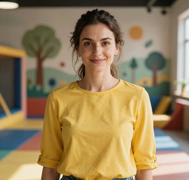 Portrait of a friendly woman in her 30s with a welcoming expression, wearing a stylish Yellow top. She is standing in a sunlit, creative indoor playground in Bulgaria, with imaginative wall murals and soft play mats in the background.