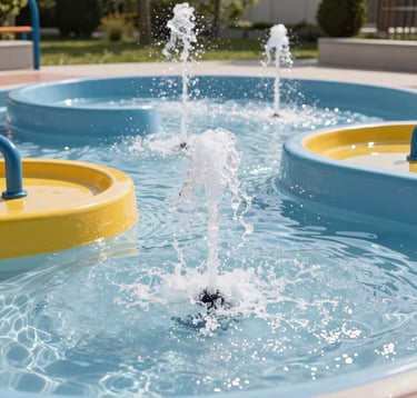 A cheerful outdoor water play area for children featuring shallow splash pads and interactive fountains in light blue and yellow colors. The water sparkles under the bright Bulgarian sun, and the setting is clean, modern, and designed with safety in mind.