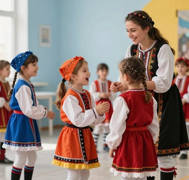 Photography of Southeast European / Bulgarian children wearing colorful costumes during a themed party. They are laughing and playing with a friendly animator in a bright, safe indoor environment with soft blue and yellow accents.