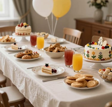 A beautifully arranged children's party table in a Southeast European / Bulgarian setting. It features healthy snacks, colorful juices, and a themed cake. The style is bright and professional, using off-white and yellow tones.