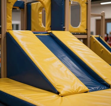 Modern and safe indoor playground equipment in a Southeast European / Bulgarian park. Features soft padding in yellow and dark blue colors, clean lines, and high-quality materials, photographed with a warm, inviting feel.