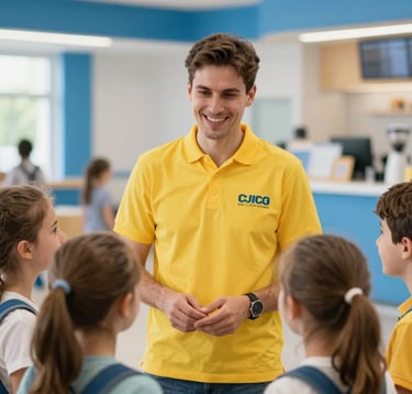 A professional and friendly staff member in a bright yellow branded polo shirt interacting warmly with children at an amusement park. The setting is a clean, modern facility in Southeast Europe / Bulgaria, with soft blue accents and natural lighting.