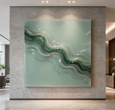 A lifestyle photograph showcasing a finished resin art panel mounted on a warm stone grey wall in a minimalist International / Global corporate lobby. The artwork features flowing patterns of muted sage green. The environment is clean and modern, with sophisticated architectural lighting and a sense of calm professionalism.