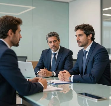 A professional setting in a modern South American / Brazilian boardroom. Two executives in deep navy blue suits are discussing a deal over a clean glass table. The lighting is sophisticated and professional, with accents of muted steel teal and arctic white surfaces.