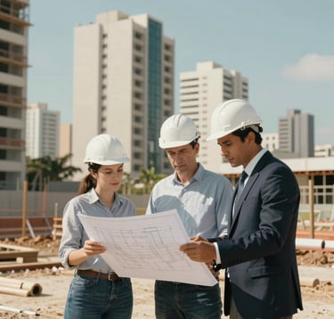 A modern real estate subdivision under construction in a South American / Brazilian city, focused on engineers in hardhats reviewing blueprints, bright daylight, professional corporate photography, off-white and muted teal color palette.