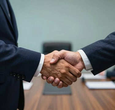 A close-up photograph of a firm handshake between two business leaders in a South American / Brazilian boardroom setting, featuring deep midnight blue and slate teal color accents.
