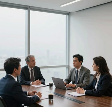 Photography of a professional meeting in a sophisticated South American / Brazilian corporate office, with frosted arctic white walls and large windows, reflecting a mood of strategic foresight.