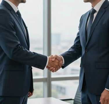 Two professional business partners in sharp suits shaking hands in a modern, sophisticated South American / Brazilian corporate office, reviewing real estate contracts, natural lighting, trustworthy and forward-thinking mood, dark slate blue and light grayish blue tones.