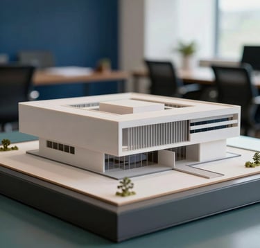 A focused shot of a modern architectural model in a professional office in South America / Brazil. Soft natural light highlights the clean lines, with deep navy blue accents in the surrounding decor and muted steel teal shadows, conveying professional gravitas.