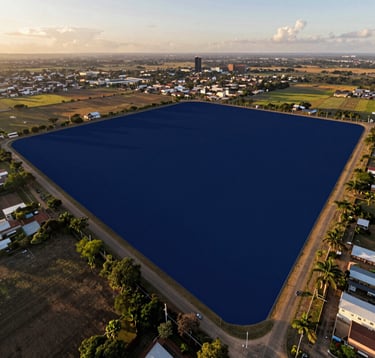 Wide-angle drone photography of a strategic development land plot in a South American / Brazilian region during golden hour, with deep midnight blue shadows and a professional atmosphere.