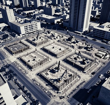 An aerial photography shot of a large-scale real estate development project under construction in a South American / Brazilian urban landscape. The composition shows structured building foundations and heavy machinery, using a palette of deep navy blue shadows and off-white concrete.