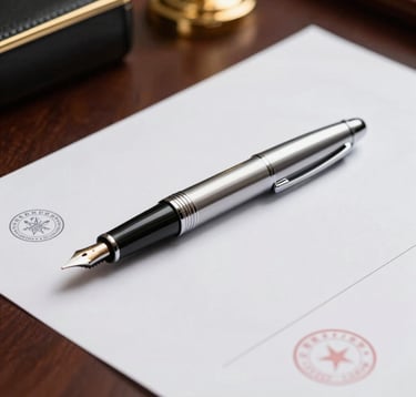 A detailed close-up of a high-end silver fountain pen resting on a heavy-weight paper document with official stamps. The setting is an executive office with dark wood and gold accents. Global / International context is implied by the premium quality and formal arrangement.