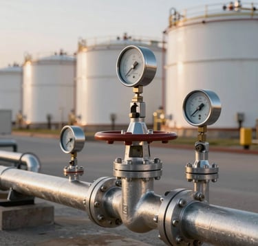 An industrial-chic photograph of polished silver pipeline valves and gauges at a modern fuel terminal. The background shows the soft bokeh of golden sunset light hitting a row of large white storage tanks. Global / International setting.