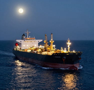 A massive petroleum tanker moving through deep blue ocean waters under a silver moonlight. The ship's deck lights are a warm gold, casting long reflections on the water. A wide-shot capturing the scale and security of international crude oil transportation.
