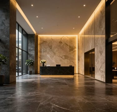 A high-end interior shot of a luxury corporate lobby in a financial district. Minimalist design with dark stone floors and warm gold lighting, radiating authority and discretion. Global/International atmosphere.
