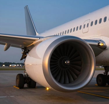 A cinematic, close-up shot of a commercial jet engine on an airfield during the blue hour. Golden runway lights create a warm glow against the silver metallic surfaces of the aircraft. Professional, high-end photography capturing the essence of global aviation fuel logistics.