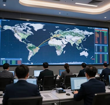 A high-tech monitoring room with large digital displays showing global shipping routes and energy market data. The lighting is sophisticated and dim, with silver accents. Professional specialists in business attire are subtly visible, emphasizing a Global / International operational hub.