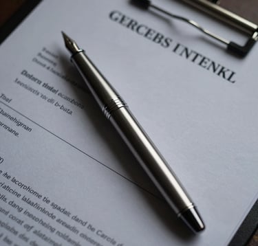 A top-down detailed shot of a premium silver fountain pen resting on an official trade document. The lighting is sophisticated and moody, with deep black shadows and metallic silver highlights. Global / International business theme.