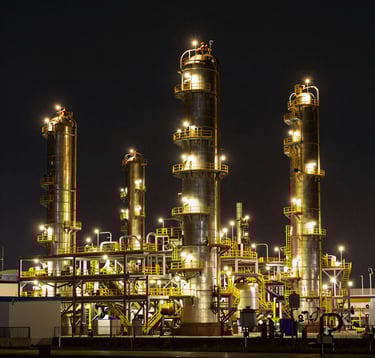 A dramatic nighttime photograph of a large-scale oil refinery. The industrial structure is illuminated by sharp golden lights against a deep black sky, emphasizing operational excellence and scale. Global / International industrial context.