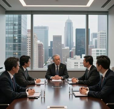 A high-end, professionally lit boardroom in a skyscraper. Through the window, a Global / International city skyline is visible. The interior features silver and glass surfaces. Business leaders are engaged in a discreet, serious discussion around a polished dark table.