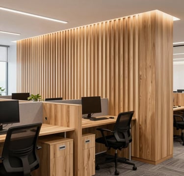 Interior of a high-end commercial office space featuring custom-built workstations and a partition wall made of vertical wood slats in a light tan finish. Professional South American / Brazilian corporate environment, bright and airy.